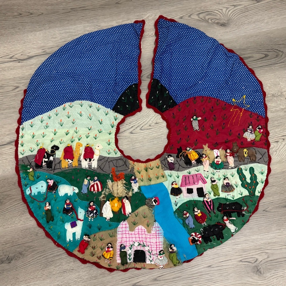 Arpillera Handmade Christmas Tree Skirt Nativity 3D Applique RARE signed 36in